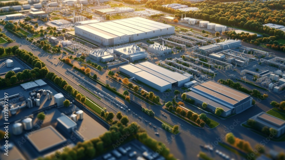 Fototapeta premium Aerial view of a large industrial complex at sunset.