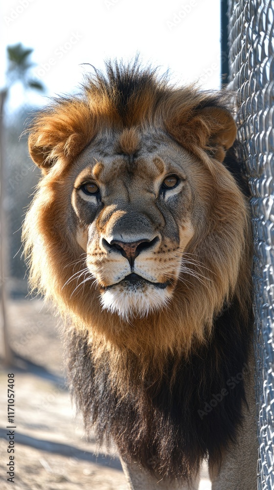 Fototapeta premium A close-up of a lion with a majestic mane, showcasing its powerful presence.