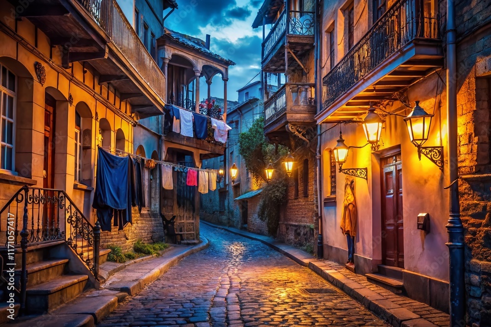 Fototapeta premium Old Tbilisi Night Street Scene: Atmospheric Low Light Photography