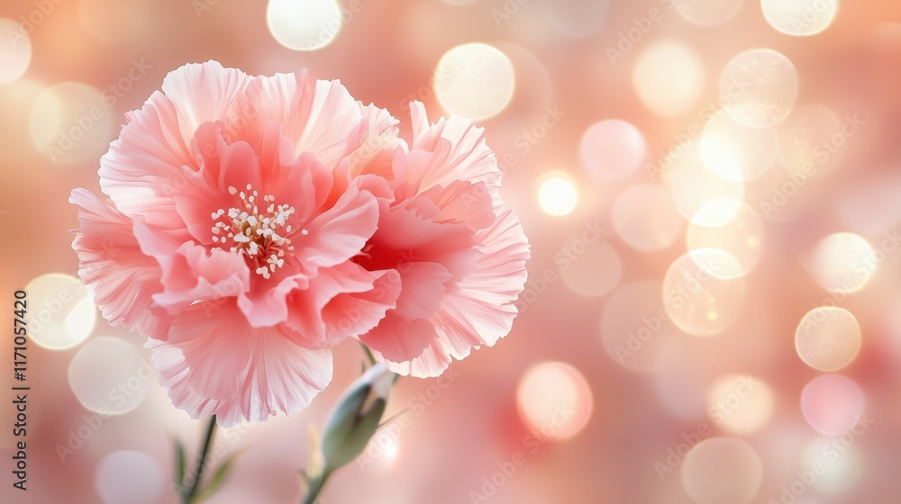 Fototapeta premium Delicate pink carnation blooms against a soft pastel background with shimmering bokeh effect during springtime