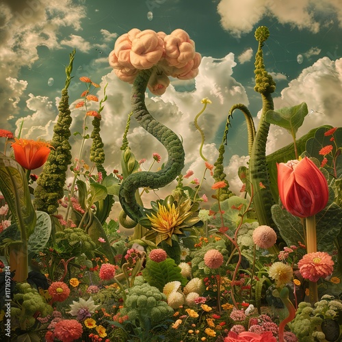 A surreal composite image of a whimsical garden filled with oversized, whimsically shaped crockets sprouting like organic sculptures among vibrant flowers and surreal elements, merging fantasy photo