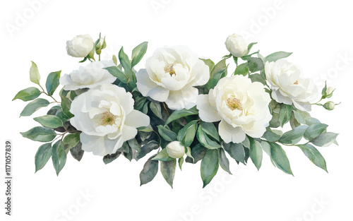 A beautiful arrangement of white peonies with lush green leaves