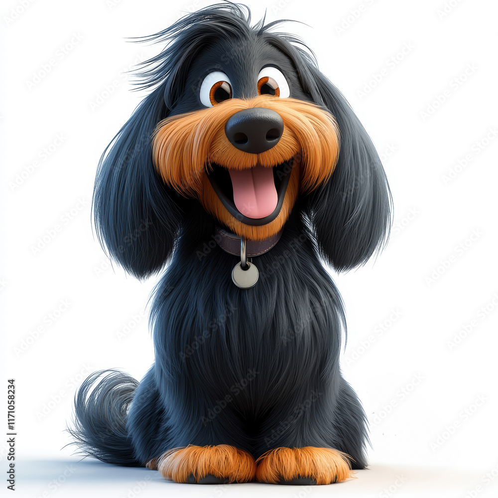 Naklejka premium Happy Cartoon Dog With Fluffy Black and Orange Fur Sitting