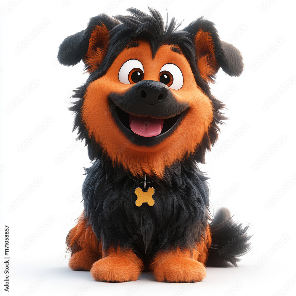 Cheerful Cartoon Dog Character With Fluffy Black and Orange Fur Cheerful Cartoon Dog Character With Fluffy Black and Orange Fur