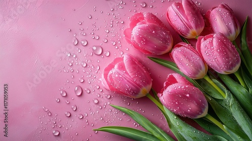 Beautiful pink tulips with dew resting on a pink background during springtime