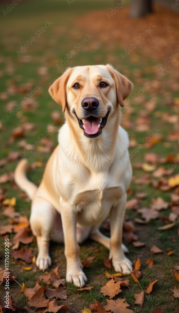 A cheerful golden Labrador retriever sits proudly on a carpet of vibrant autumn leaves, exuding joy and warmth. The dogs bright eyes and wide smile capture the essence of happiness, making it a A cheerful golden Labrador retriever sits proudly on a carpet of vibrant autumn leaves, exuding joy and warmth. The dogs bright eyes and wide smile capture the essence of happiness, making it a