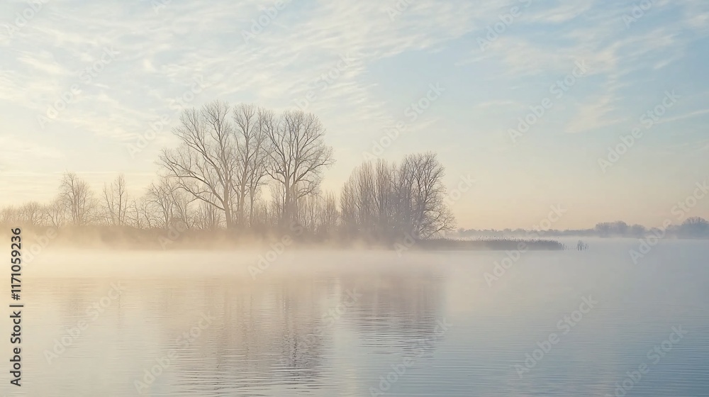 Misty sunrise over calm river, bare trees on island. Misty sunrise over calm river, bare trees on island.