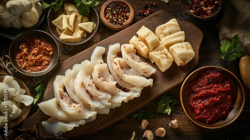 Wallpaper Mural An artistic arrangement of ingredients for Korean spicy squid, including fresh squid, chili paste, and vegetables, beautifully displayed on a rustic wooden table. Torontodigital.ca