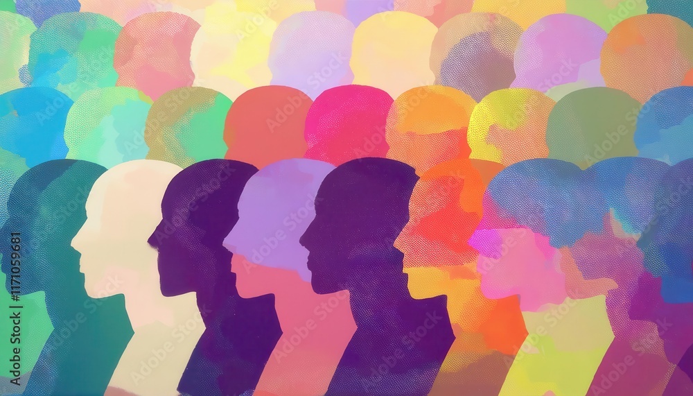 Vivid Multicolored Human Silhouettes in Overlapping Layers Depicting Diversity, Inclusion, Creativity, and Unity in Modern Design Art Vivid Multicolored Human Silhouettes in Overlapping Layers Depicting Diversity, Inclusion, Creativity, and Unity in Modern Design Art