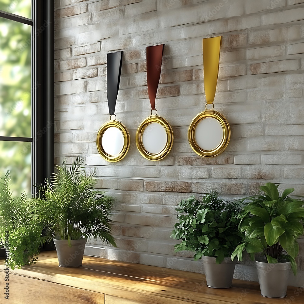 Gold Medals Hang On A Brick Wall With Plants