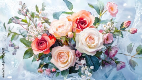 Delicate bouquet of roses and small flowers, soft pastel colors,  romantic and elegant floral arrangement.