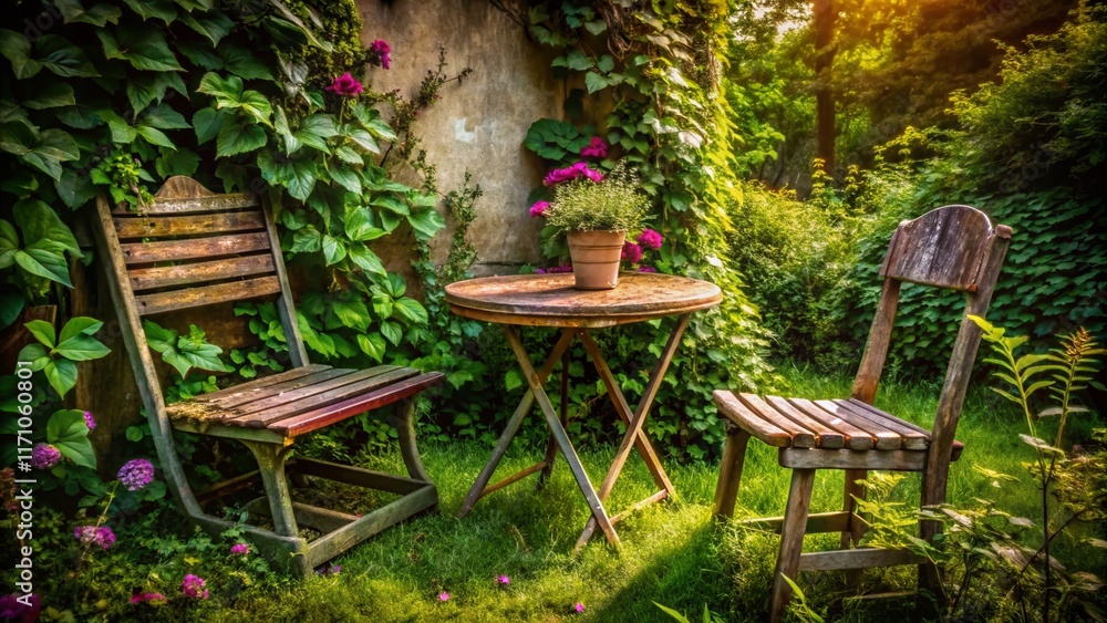 Overgrown Garden Furniture: Rustic Abandoned Patio Set in Lush Greenery Overgrown Garden Furniture: Rustic Abandoned Patio Set in Lush Greenery