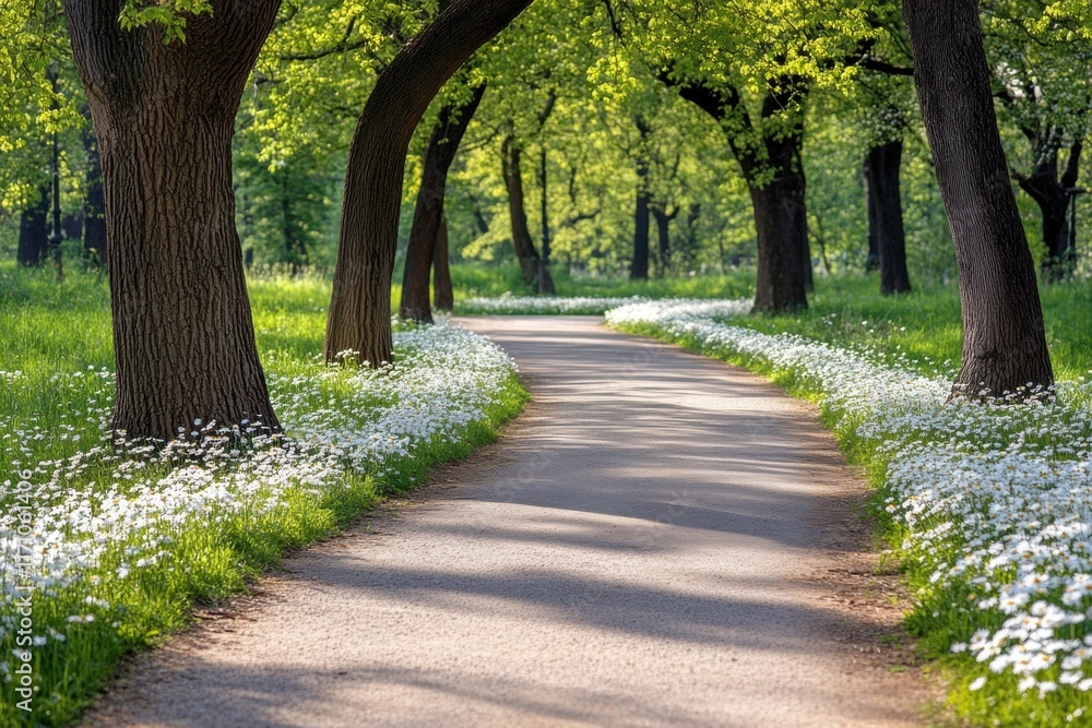 Sunlit Path Through a Flower-Lined Alley of Trees Sunlit Path Through a Flower-Lined Alley of Trees
