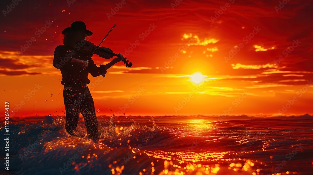 A surreal image of a busker silhouetted against a vibrant sunset on a beach. The musician plays a crystal-clear electric violin, and the waves reflect the warm hues of the sky. A dreamlike atmosphere A surreal image of a busker silhouetted against a vibrant sunset on a beach. The musician plays a crystal-clear electric violin, and the waves reflect the warm hues of the sky. A dreamlike atmosphere