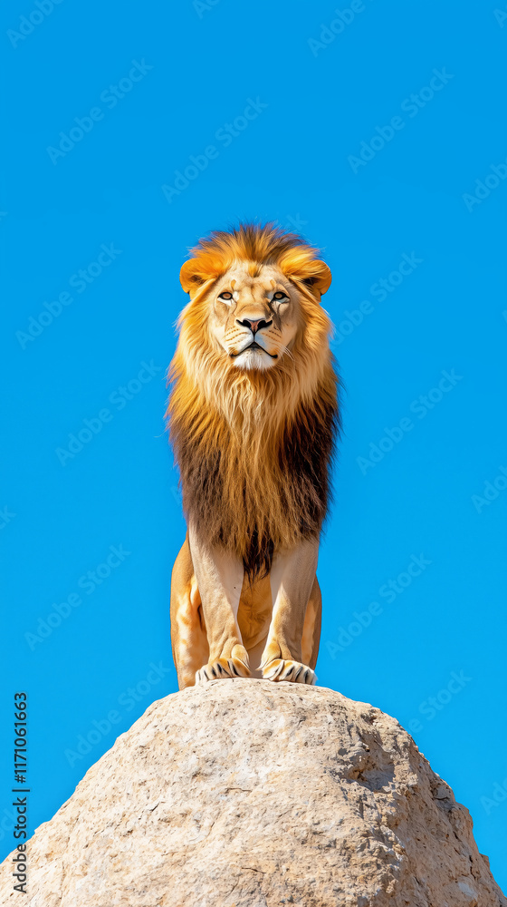 Fototapeta premium regal lion standing atop rocky outcrop, mane flowing in breeze