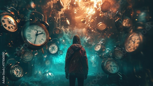 A surreal image of a person surrounded by floating alarm clocks, symbolizing the distorted perception of time during an all-nighter. The dreamlike atmosphere and vibrant colors draw inspiration