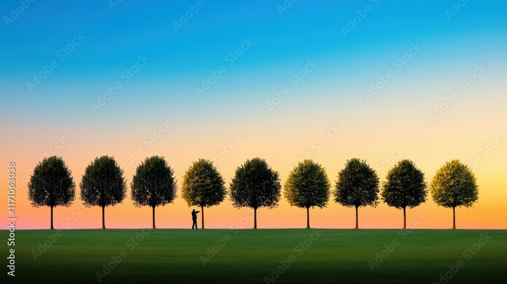 Row of trees against a colorful sunset sky on a grassy field.