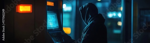 Shadowy hacker operating an ATM skimming device in a clandestine digital crime scene