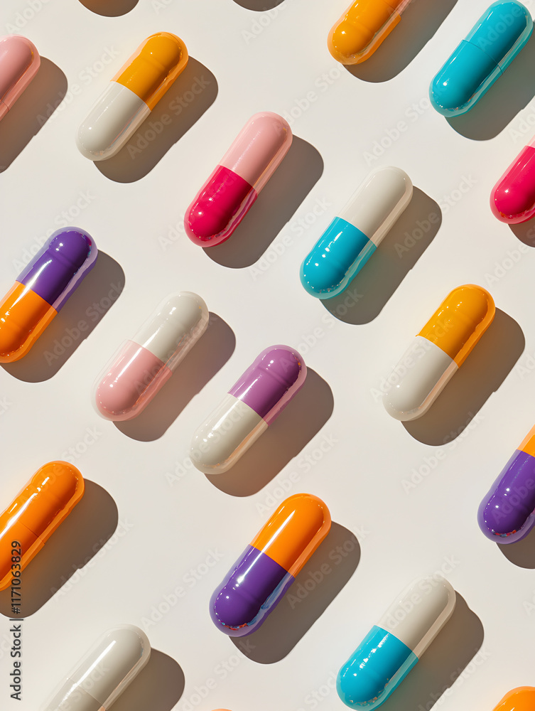 Close-up of colorful pills and capsules on a clean, white surface, symbolizing healthcare and pharmaceutical solutions Close-up of colorful pills and capsules on a clean, white surface, symbolizing healthcare and pharmaceutical solutions