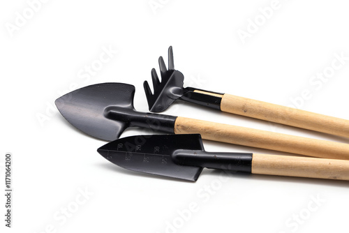 Digging Shovel Rake Spade Metal 3 pcs mini portable gardening tool set have wooden handle for succulent planter pots bonsai planting air plants indoor plants isolated on white background.
