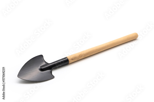 Digging Shovel or Spade mini portable gardening tool have wooden handle isolated on white background. photo