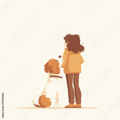 Illustration of person and dog with plain background.