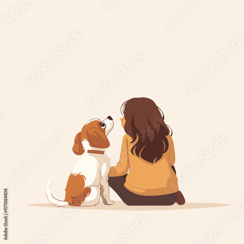 Illustration of person and dog with plain background.