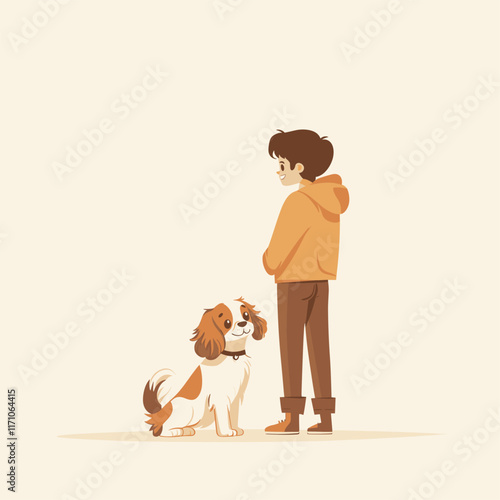 Illustration of person and dog with plain background.