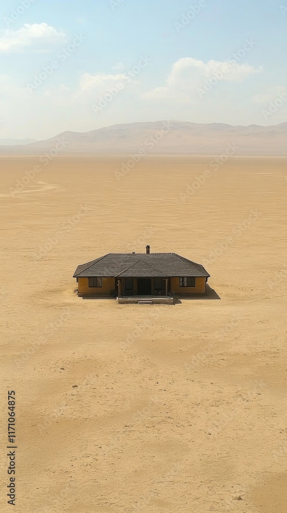 Naklejka premium A solitary yellow house stands in a vast, empty desert landscape under a clear sky.
