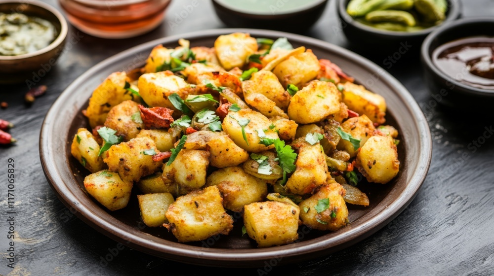 An artistic shot of aloo gobi served in a traditional Indian plate, surrounded by colorful condiments like pickles and chutneys, highlighting the dish's appeal. An artistic shot of aloo gobi served in a traditional Indian plate, surrounded by colorful condiments like pickles and chutneys, highlighting the dish's appeal.