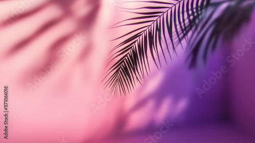 Tropical palm leaf casting shadow on gradient pink and purple background
