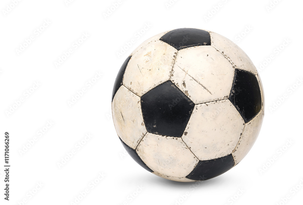 Obraz premium Old Soccer ball with wear and tear from play. Classic black and white football isolated on white background with shadow.