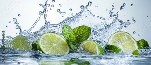 Fresh limes and mint splashing in water.