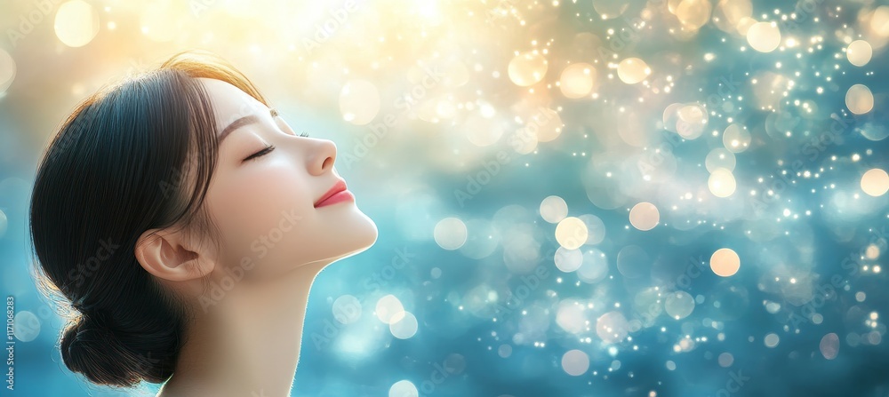 Fototapeta premium Serene Woman Embraces Tranquility with Closed Eyes, Finding Peace and Wellness in Nature s Beauty.