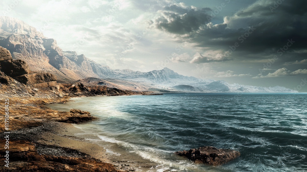 Obraz premium Majestic Mountain Seascape: Where Sky Meets Sea