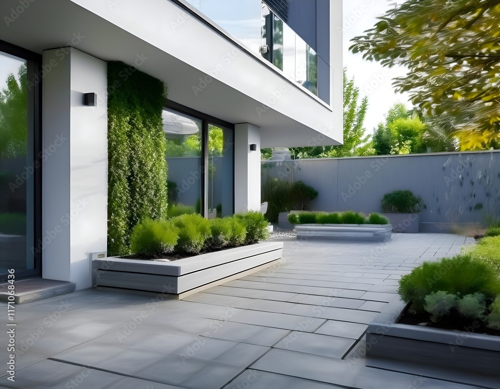 Modern Minimalist Courtyard with Lush Greenery and Sleek Architecture, Featuring a Bright and Spacious Outdoor Design for Relaxation Aesthetic Appeal Modern Minimalist Courtyard with Lush Greenery and Sleek Architecture, Featuring a Bright and Spacious Outdoor Design for Relaxation Aesthetic Appeal