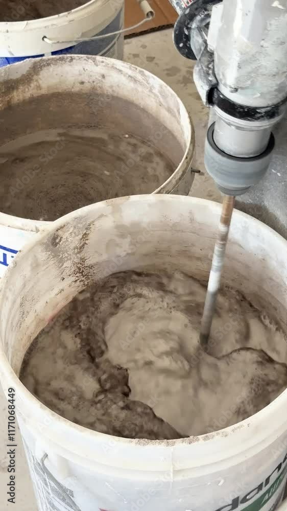Mixing mortar concrete mix to bind ceramic tiles & membrane during renovation work with an electric drill. High quality 4k footage Mixing mortar concrete mix to bind ceramic tiles & membrane during renovation work with an electric drill. High quality 4k footage