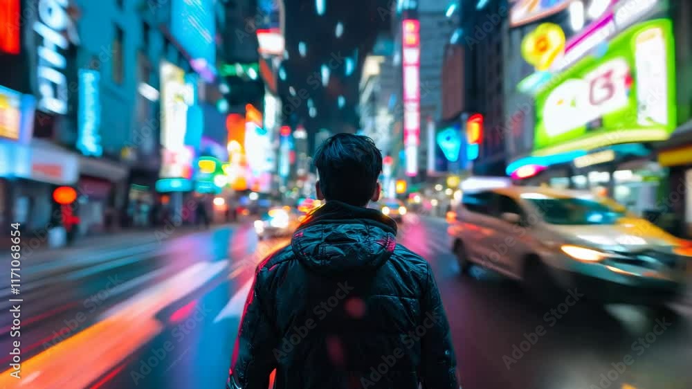 Busy streets filled with vibrant lights in a bustling city at night. A person stands in the middle of a bustling city street at night Busy streets filled with vibrant lights in a bustling city at night. A person stands in the middle of a bustling city street at night