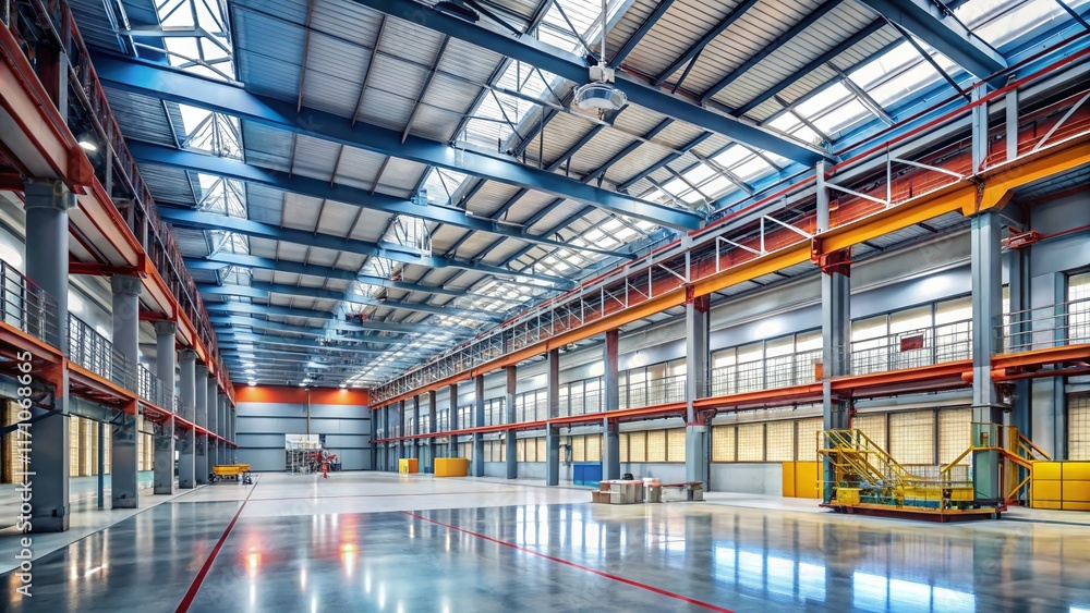 Panoramic Minimalist Industrial Factory Interior: Clean Lines, Metal Structures, Modern Design Panoramic Minimalist Industrial Factory Interior: Clean Lines, Metal Structures, Modern Design