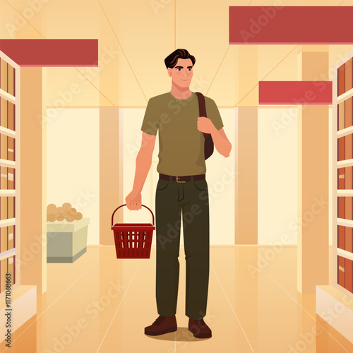 A detailed vector illustration of a young man standing in a supermarket aisle, holding a red shopping basket and a backpack. The setting includes well-lit shelves and a clean, modern interior design