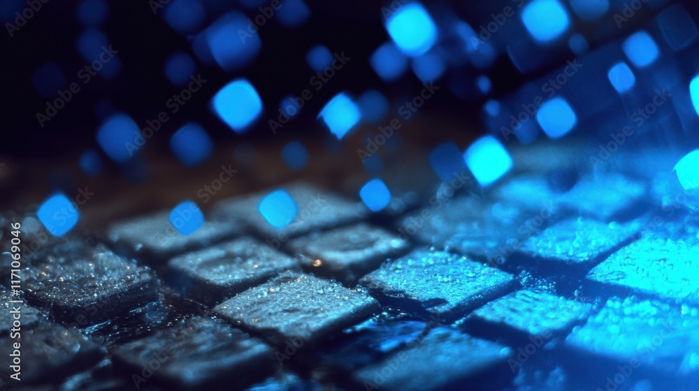 A close-up view of wet, textured tiles with blue lighting and sparkling effects. A close-up view of wet, textured tiles with blue lighting and sparkling effects.