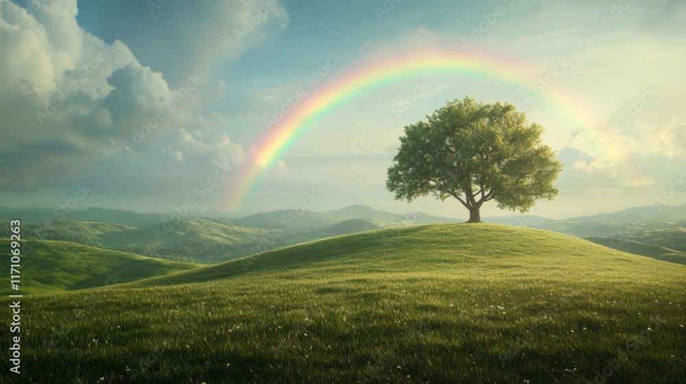 Serenity of Nature with Vibrant Rainbow Over Green Landscape Serenity of Nature with Vibrant Rainbow Over Green Landscape