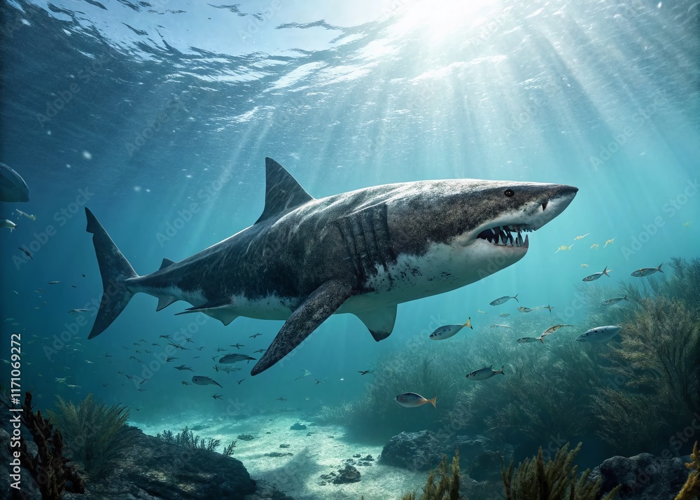 Fototapeta premium Panoramic Ocean: Prehistoric Megalodon Shark in Ancient Seascape