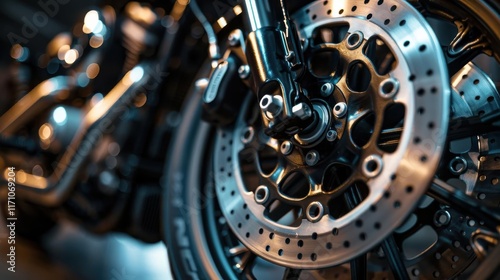 Close-up of a motorcycle brake disc showcasing intricate metallic details and design.