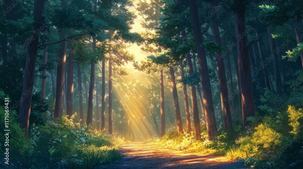 Fototapeta premium Serene Sunlight Streaming Through Lush Forest Pathway in Nature