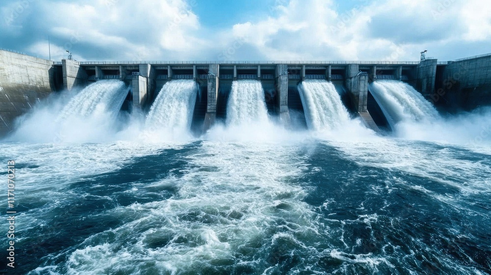 Flood barrier. Powerful dam releasing water into a turbulent river under a blue sky. Flood barrier. Powerful dam releasing water into a turbulent river under a blue sky.