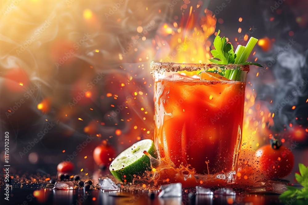 A vibrant cocktail splashing with fresh ingredients and fiery elements, creating a feast for the senses. A vibrant cocktail splashing with fresh ingredients and fiery elements, creating a feast for the senses.
