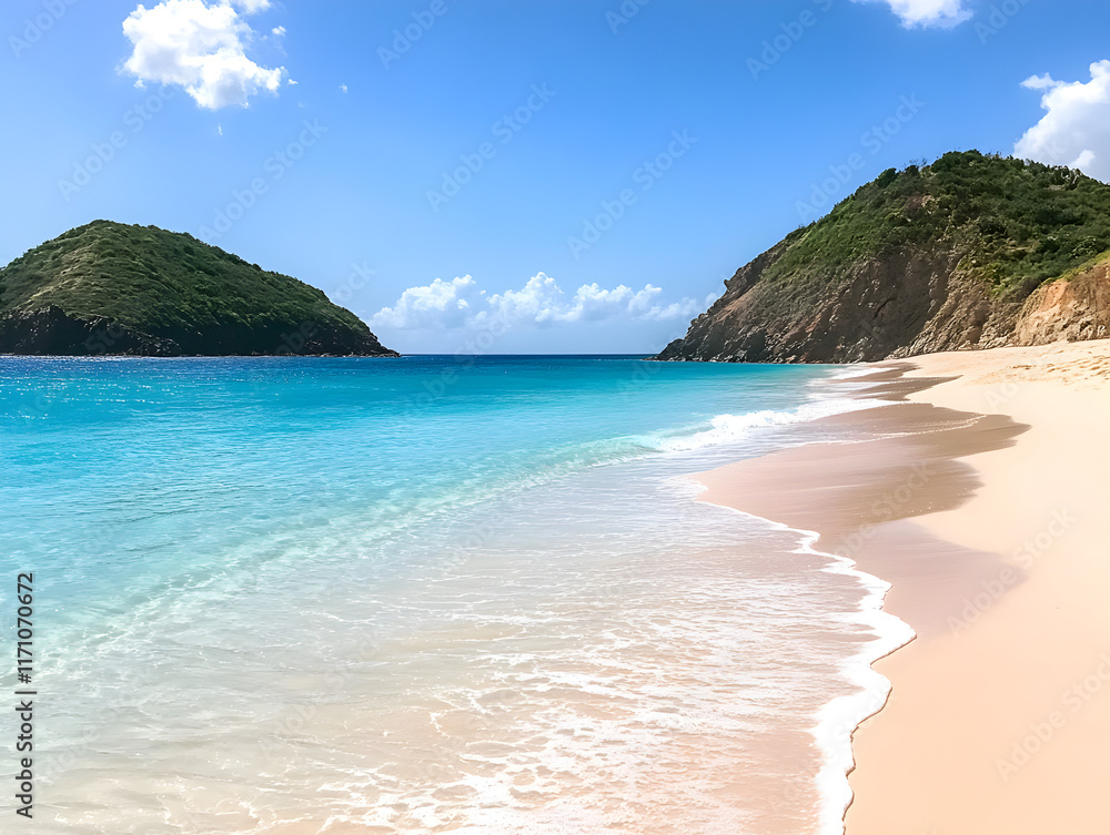 Obraz premium A pristine beach with turquoise water, soft white sand, and gentle waves under a sunny, clear blue sky