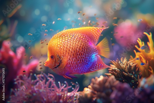 A vibrant fish swimming gracefully among colorful coral in a clear underwater scene. photo