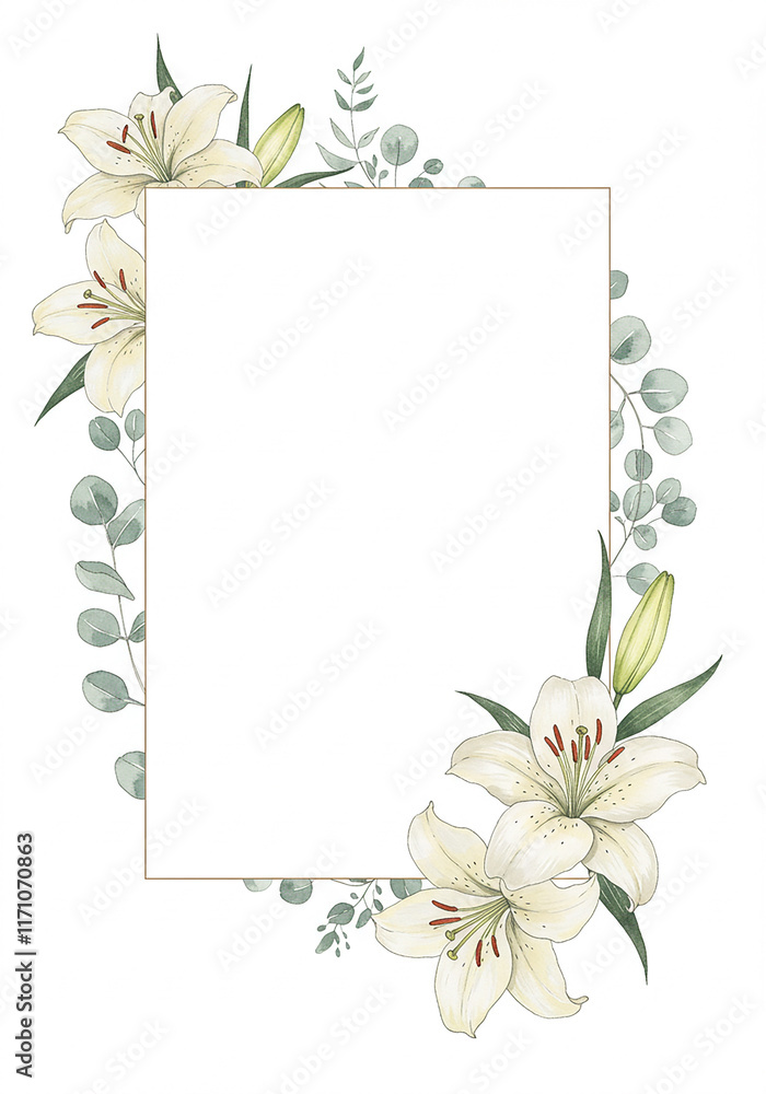 Fototapeta premium Elegant White Lily Eucalyptus Floral Frame Border